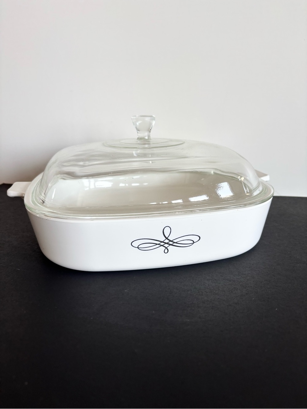 Vintage Corning Ware Black Trefoil Scroll Casserole Dish with Glass Lid